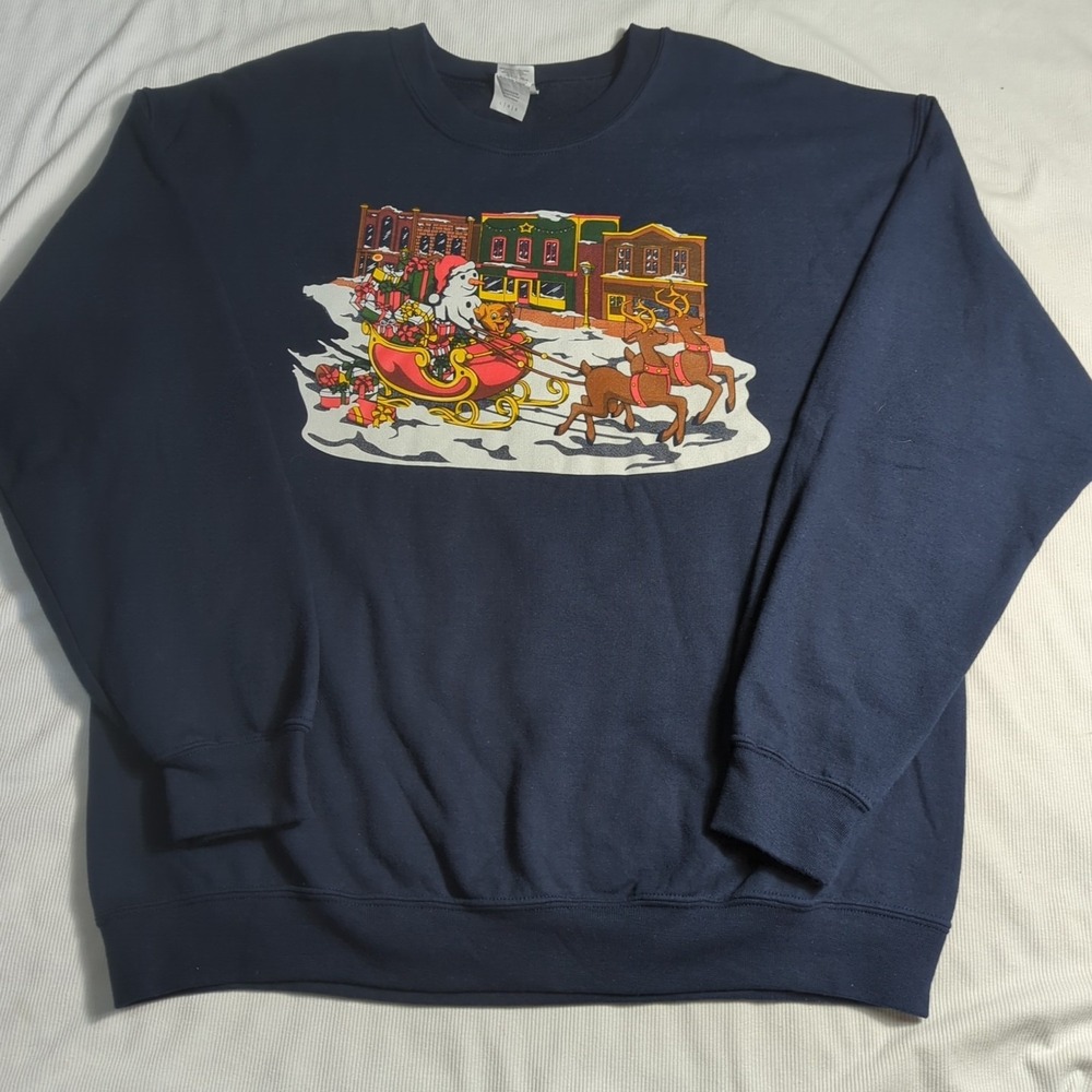 Vintage Gildan Christmas Sweat Shirt Size Large Navy With Snowman And Sled 378‎
